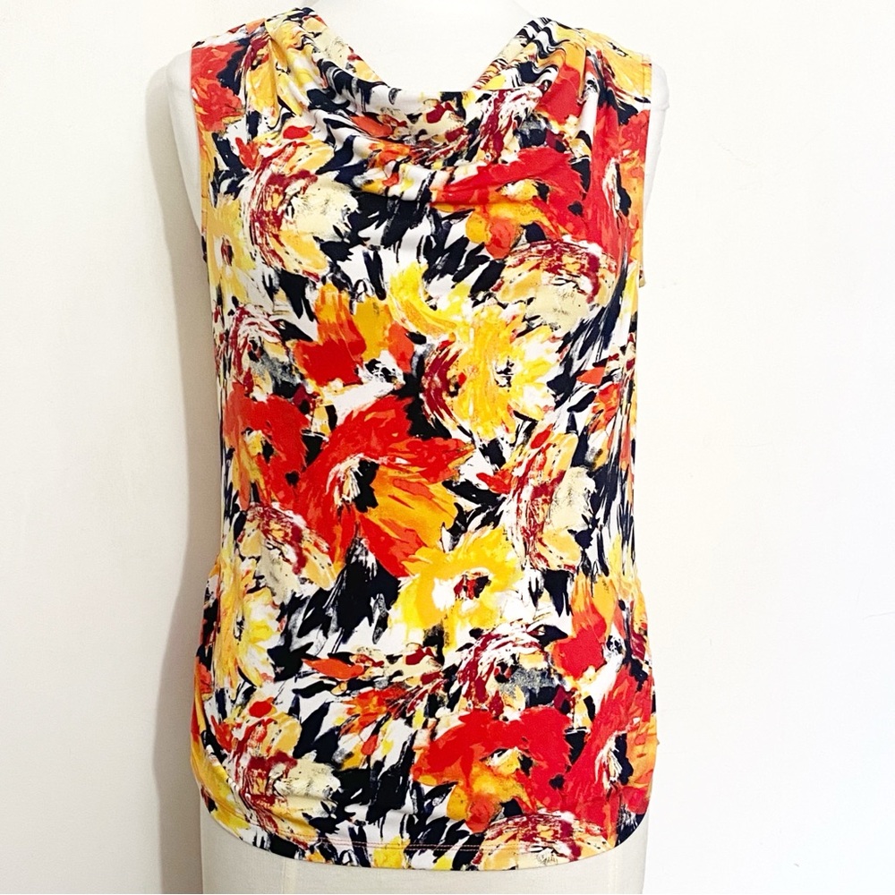 Laura Ashley Slinky Multicolor Splashy Floral Drape Neck Sleeveless Blouse PM